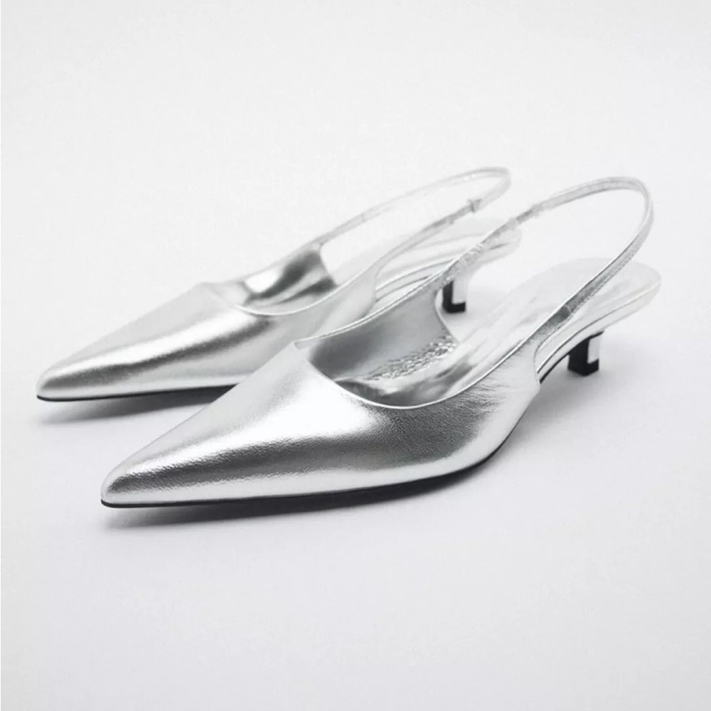 NWT Zara Leather Silver Slingback Metallic Heels Size 7.5